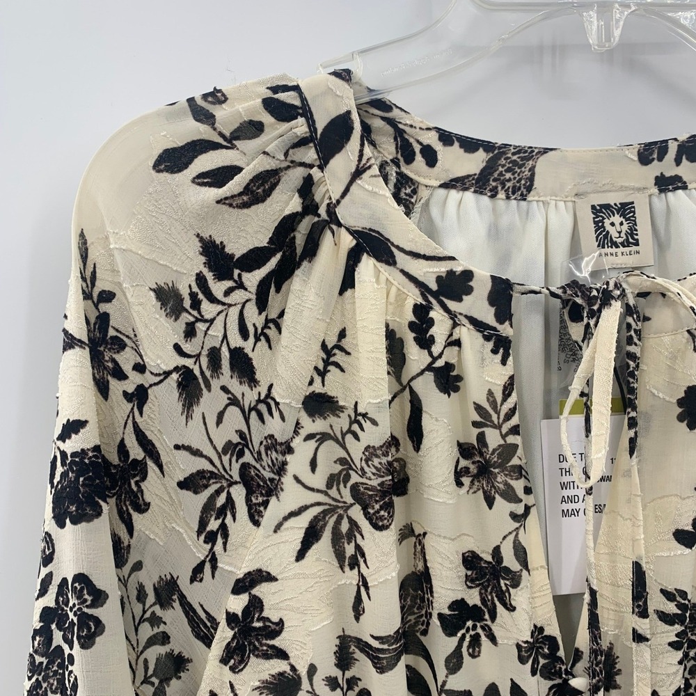 Anne Klein Dress 14 NWT Tiered Midi Maxi Cream Black Floral Bird Print Boho LS - Picture 2 of 16